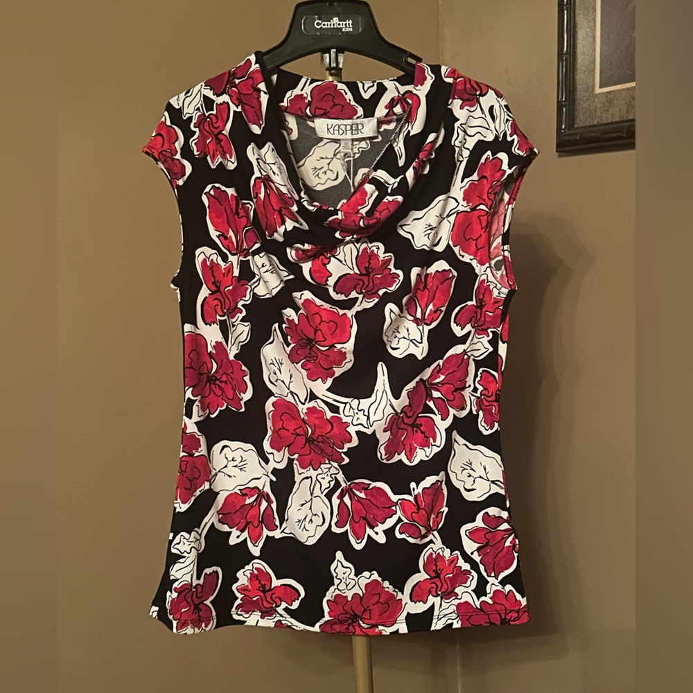 Kasper Black Red and White Floral Cowl Neck Sleeveless Top